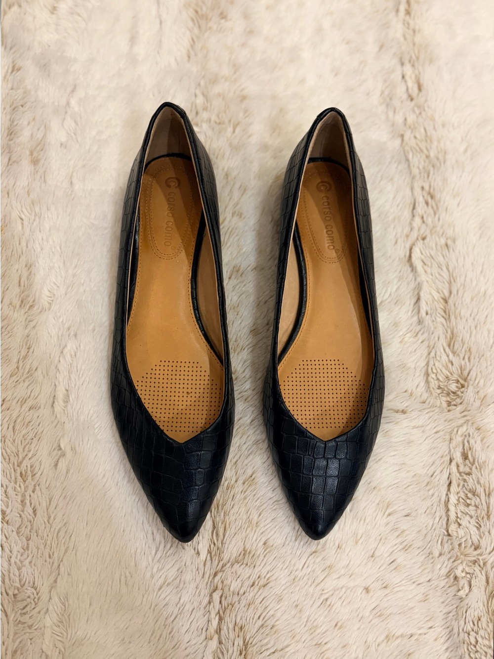 🖤 Corso Como Black Leather Croc Pointed Toe Flats Office Siren Quiet Luxury
